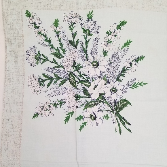 VINTAGE blue green floral linen square tablecloth subtle tan border 51x51 inches - Picture 2 of 9